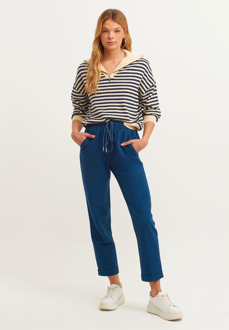 Women Navy Carrot Fit Pants with Drawstring