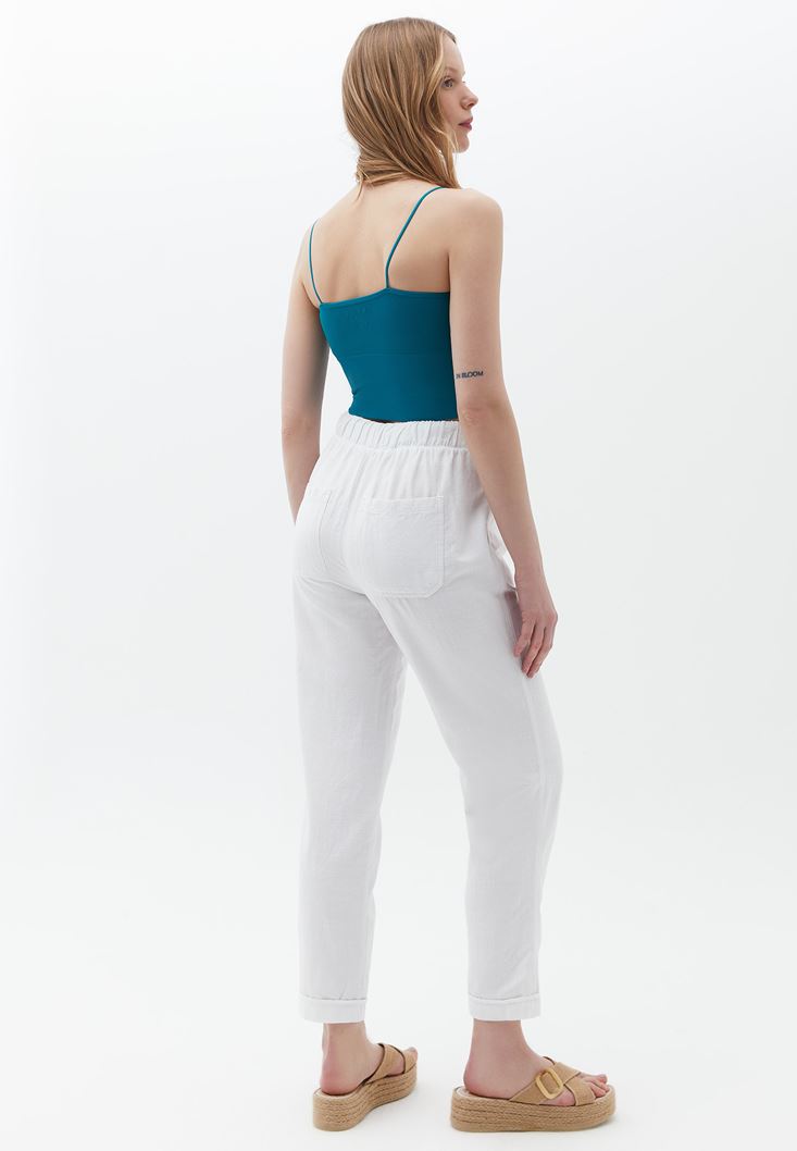 Women White Carrot Fit Pants with Drawstring
