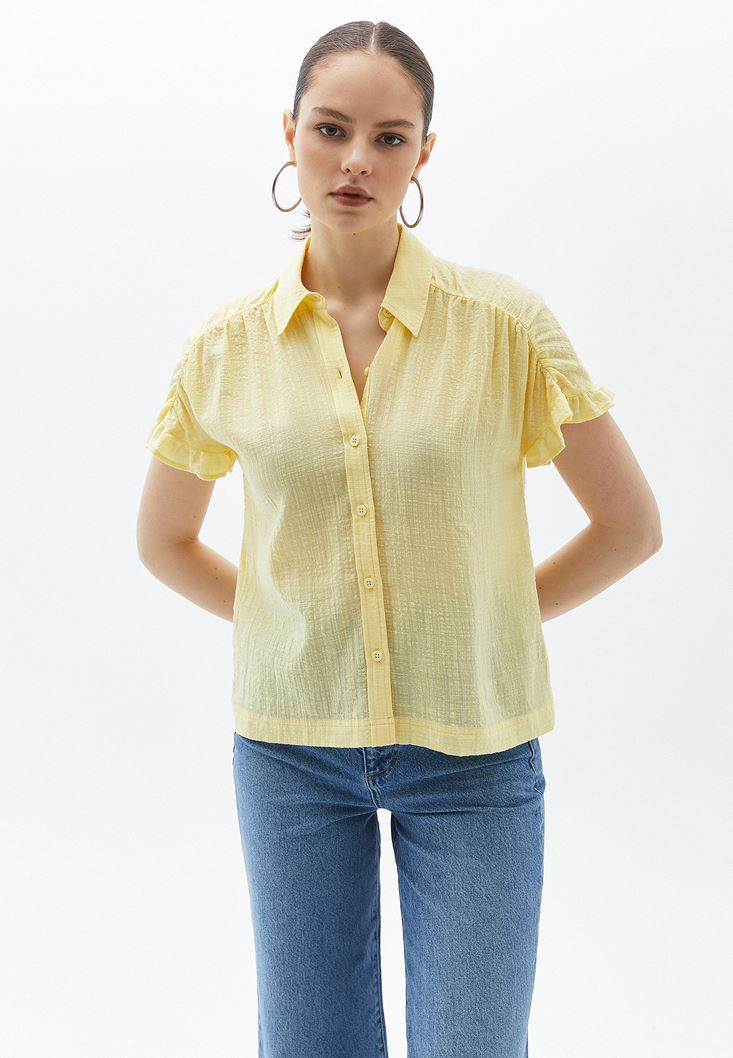 نساء أصفر قميص قطن بأكمام قصيرة