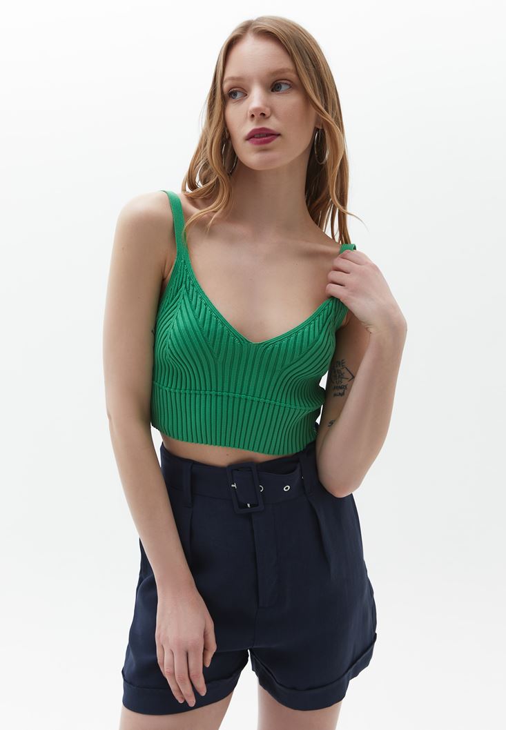 Women Green Crop Cut Knitwear Singlet