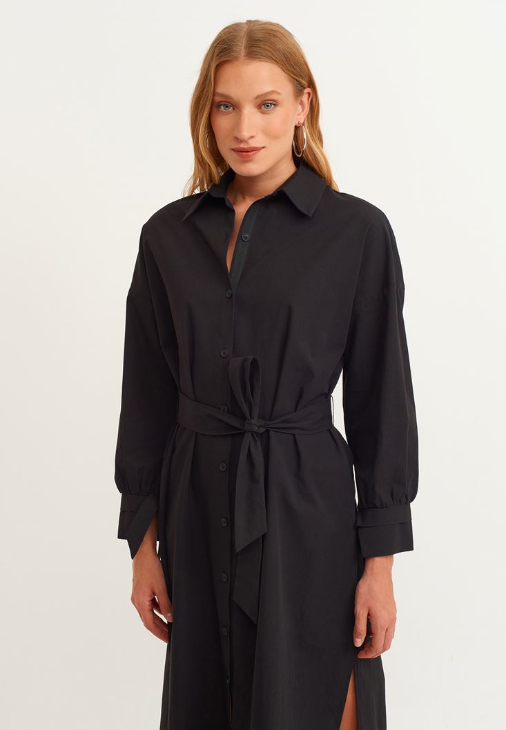 Bayan Siyah Loose-Fit Pamuklu Gömlek Elbise