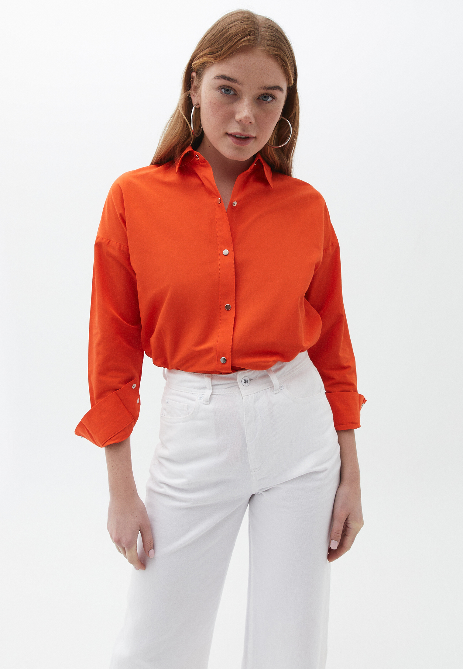 نساء البرتقالي قميص بوبلين كبير الحجم