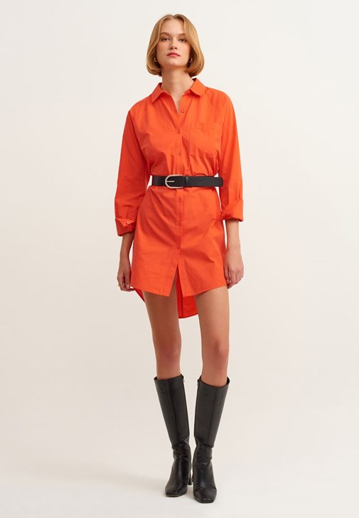 Orange Cotton Shirt Dress 
