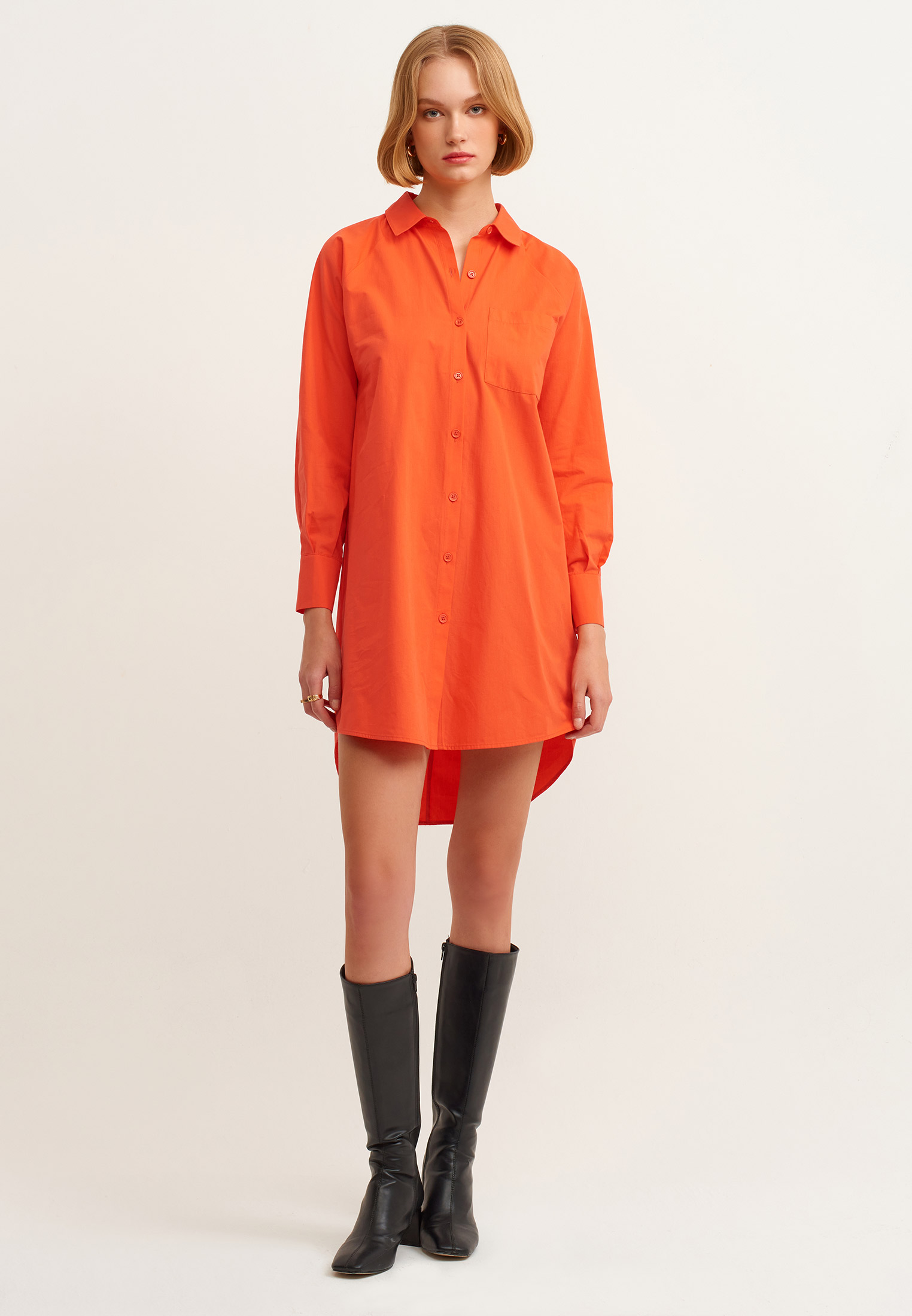 Women Orange Cotton Shirt Dress