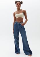 Bayan Mavi Orta Bel Wide-Leg Denim Pantolon