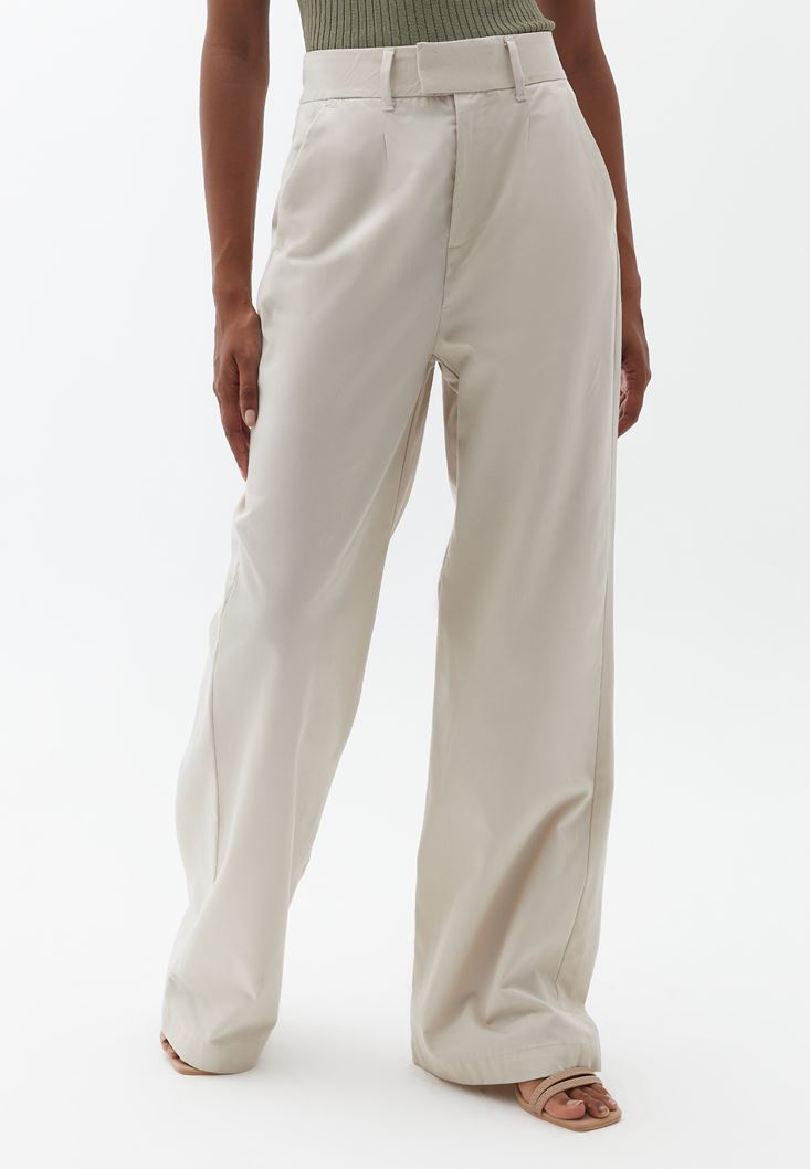 Bayan Bej Ultra Yüksek Bel Wide-Leg Pantolon ( TENCEL™ )