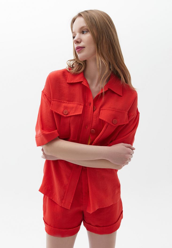 Bayan Kırmızı Cep Detaylı Gömlek ( TENCEL™ )