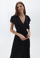 نساء أسود فستان متوسط الطول بتصميم ملتف على الصدر