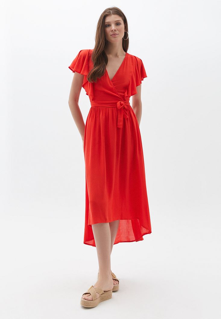 نساء أحمر فستان متوسط الطول بتصميم ملتف على الصدر