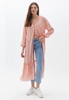 Women Mixed Flower Patterned Midi Length Kimono with Button Closure