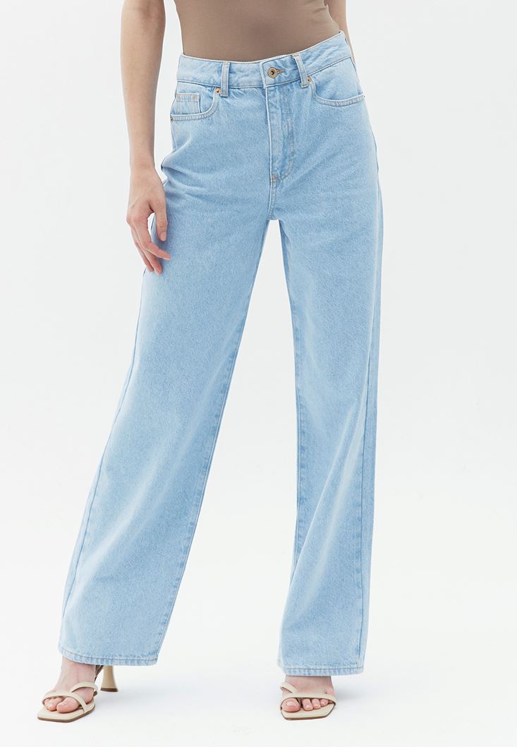 Bayan Mavi Yüksek Bel Straight-Fit Denim Pantolon