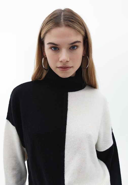 Mixed Turtle Neck Loose Fit Sweater Online Shopping
