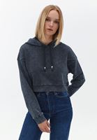 Bayan Gri Pamuklu Crop Sweatshirt