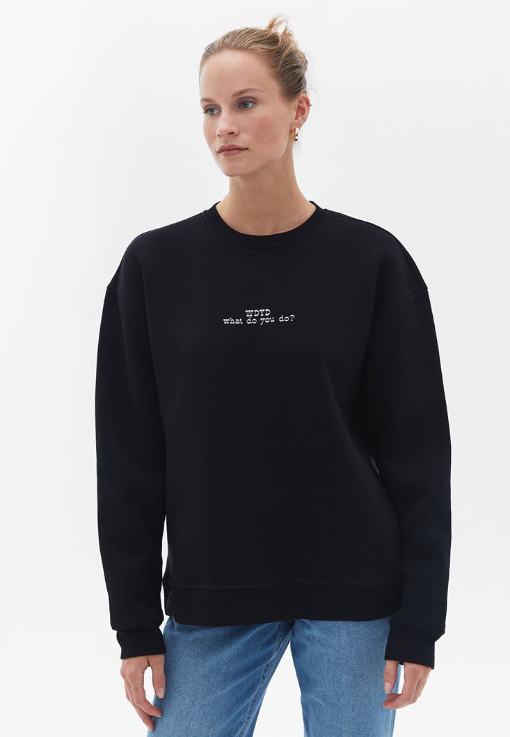 Bayan Siyah Oversize Baskılı Sweatshirt
