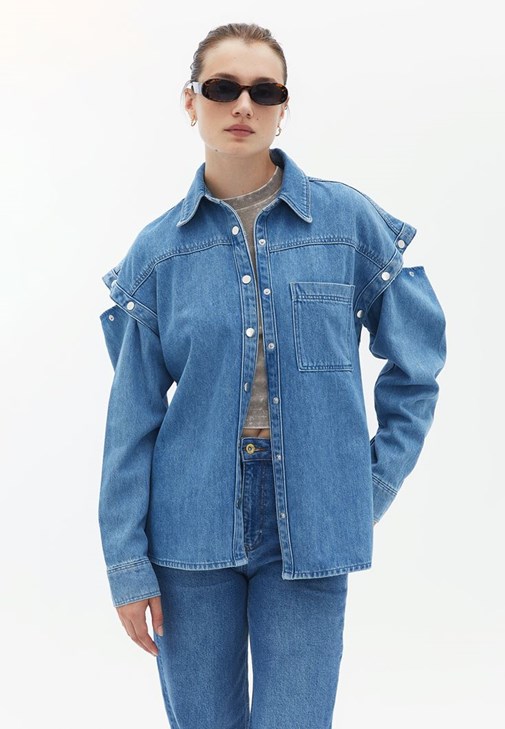 Blue Oversize Denim Shirt with Sleeve Detail Online Shopping 
