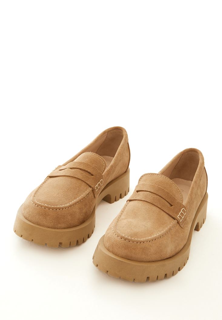 Bayan Bej Süet Loafer Ayakkabı