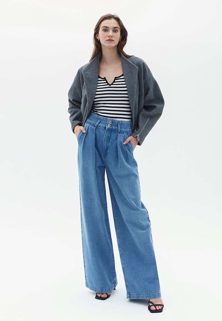 Bayan Mavi Ultra Yüksek Bel Wide-Leg Denim Pantolon