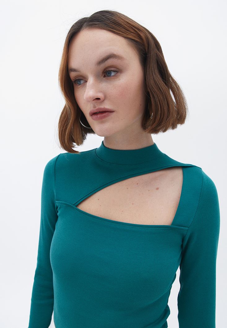 Bayan Yeşil Yüksek Yaka Uzun Kollu Tişört