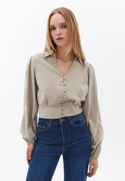 Modal Crop Bluz ve Denim Pantolon Kombini