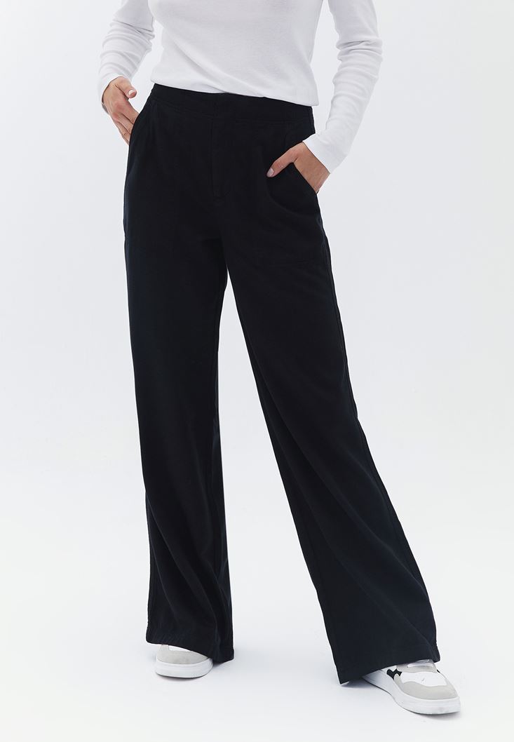 Bayan Siyah Orta Bel Wide-Leg Pantolon ( TENCEL™ )