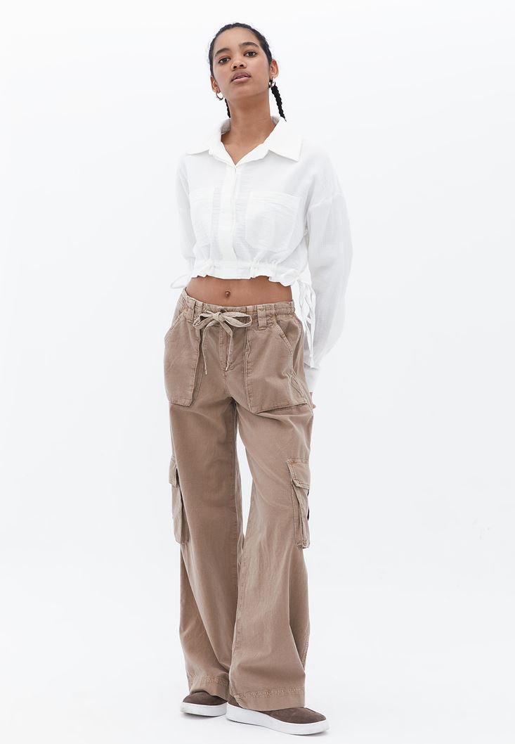 Bayan Kahverengi Orta Bel Straight-Fit Pantolon 