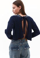 Women Blue Knitwear Sweater with Back Detail