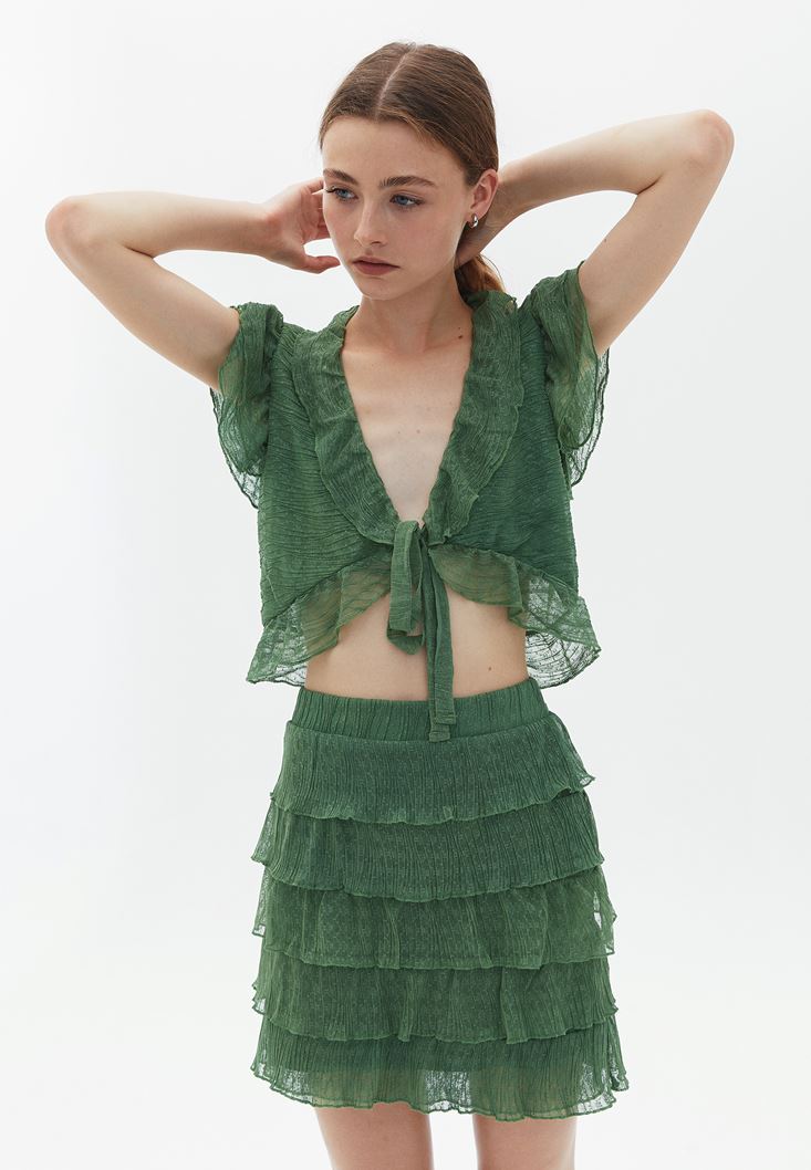 Bayan Yeşil Bağlama Detaylı Crop Bluz