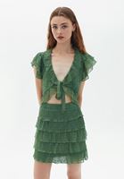 Bayan Yeşil Bağlama Detaylı Crop Bluz