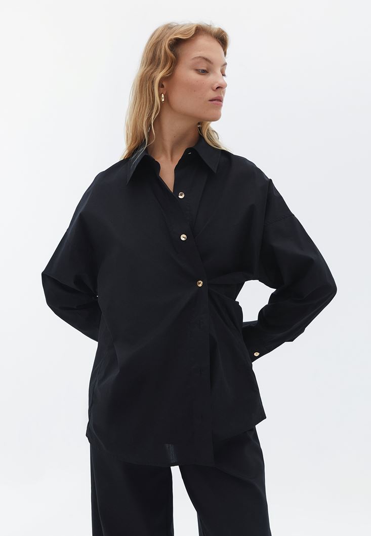 Bayan Siyah Düğme Detaylı Oversize Gömlek