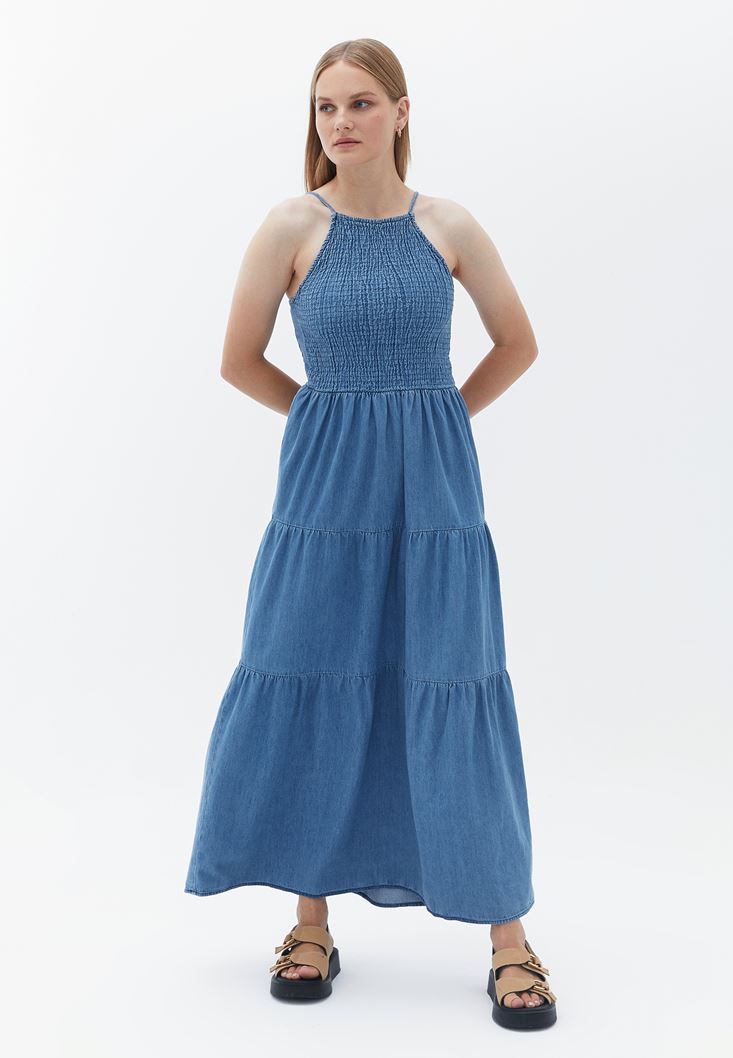 Bayan Mavi Gipe Detaylı Denim Elbise