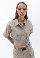 Women Beige Cropped Shirt with Pocket Detail