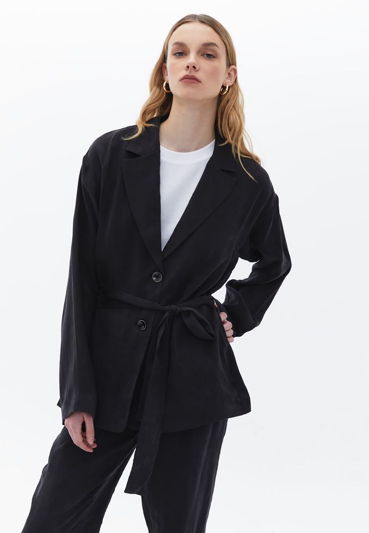 Bayan Gri Bağlama Detaylı Blazer Ceket ( TENCEL™ )