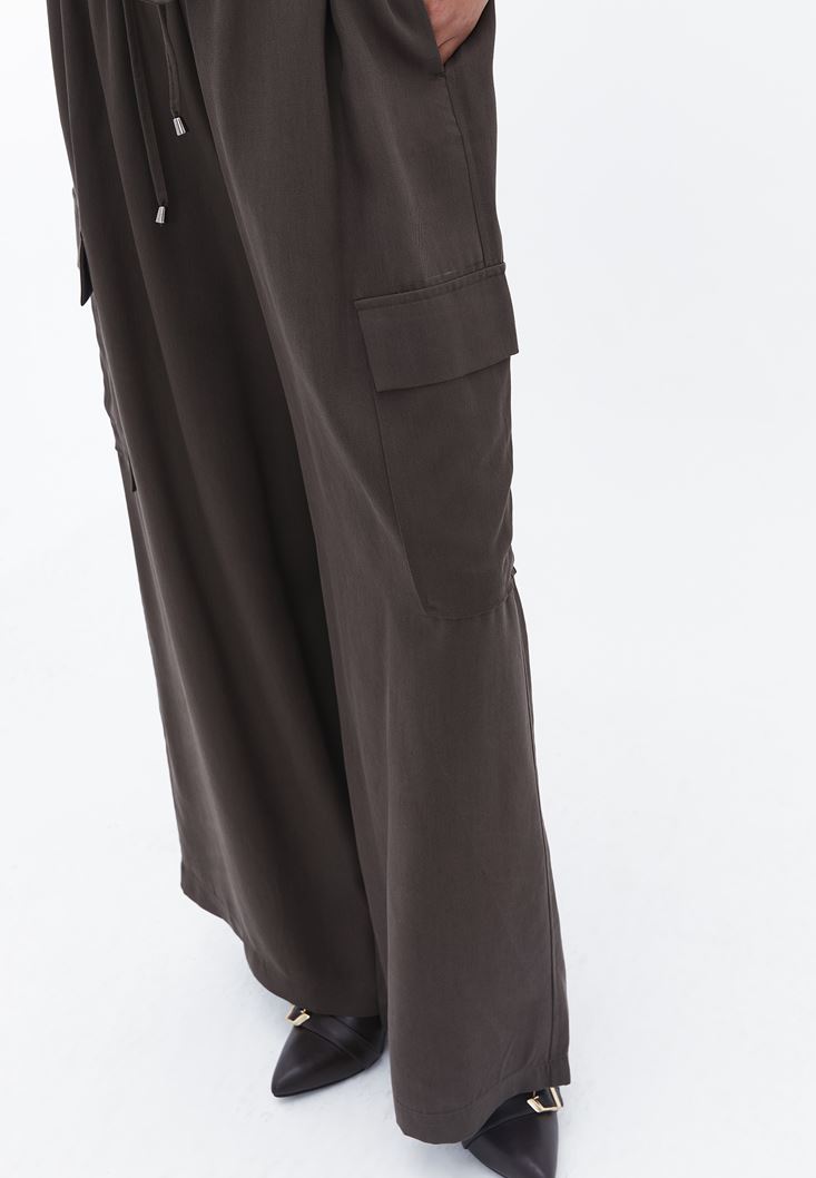 Bayan Kahverengi Orta Bel Wide-Leg Pantolon ( TENCEL™ )