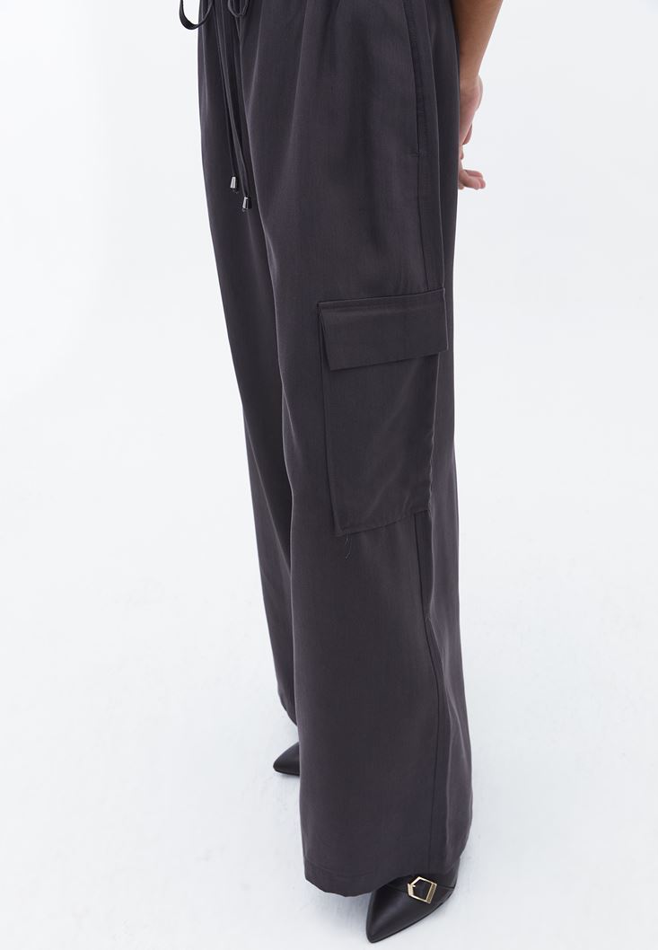 Bayan Gri Orta Bel Wide-Leg Pantolon ( TENCEL™ )