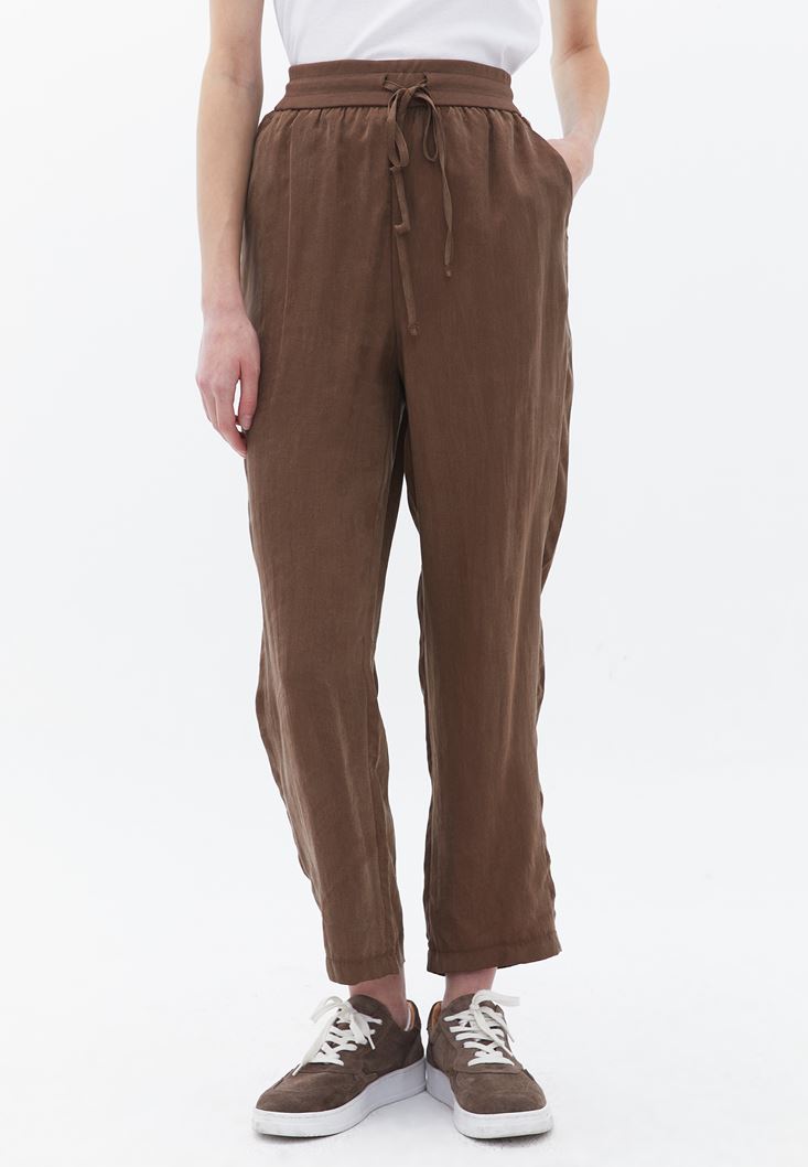 Bayan Kahverengi Yüksek Bel Straight-Fit Pantolon ( TENCEL™ )