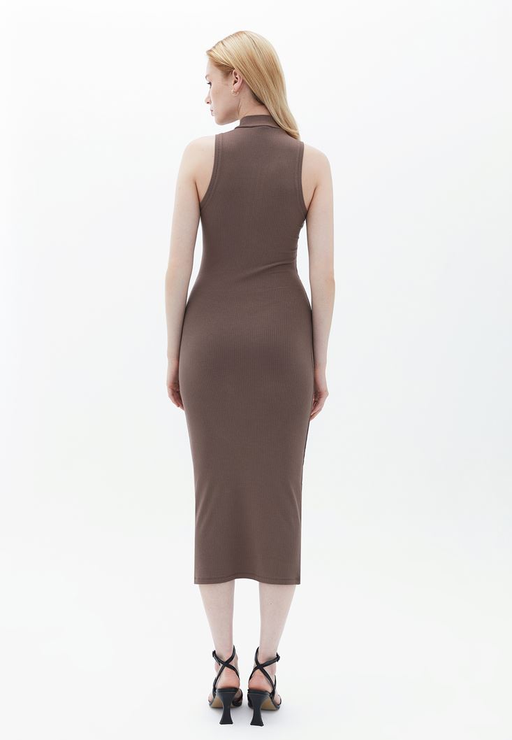 Bayan Kahverengi Fermuar Detaylı Midi Elbise