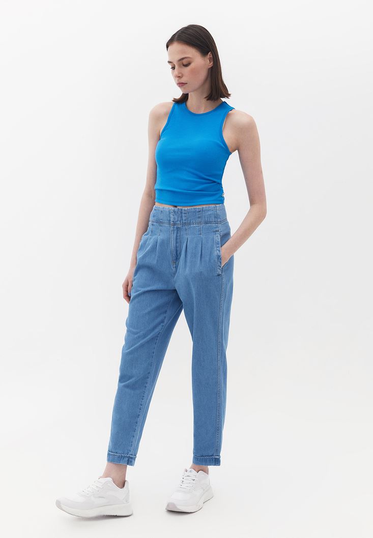 Bayan Mavi Yüksek Bel Baggy-Fit Pantolon