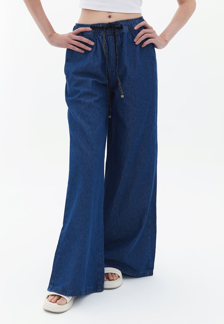 Bayan Mavi Yüksek Bel Wide-Leg Pantolon