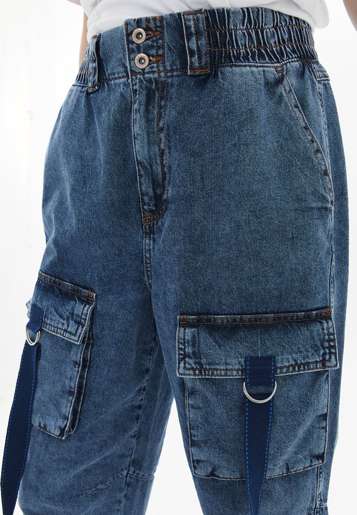 Bayan Mavi Yüksek Bel Baggy-Fit Denim Pantolon