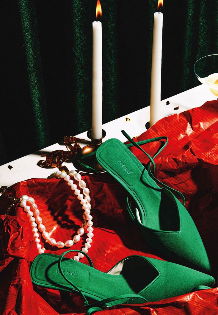 Bayan Yeşil Bağlama Detaylı Topuklu Ayakkabı