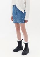 Women Blue Denim Skirt with Rhinestone Detail
