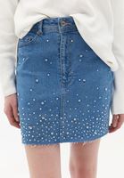 Women Blue Denim Skirt with Rhinestone Detail