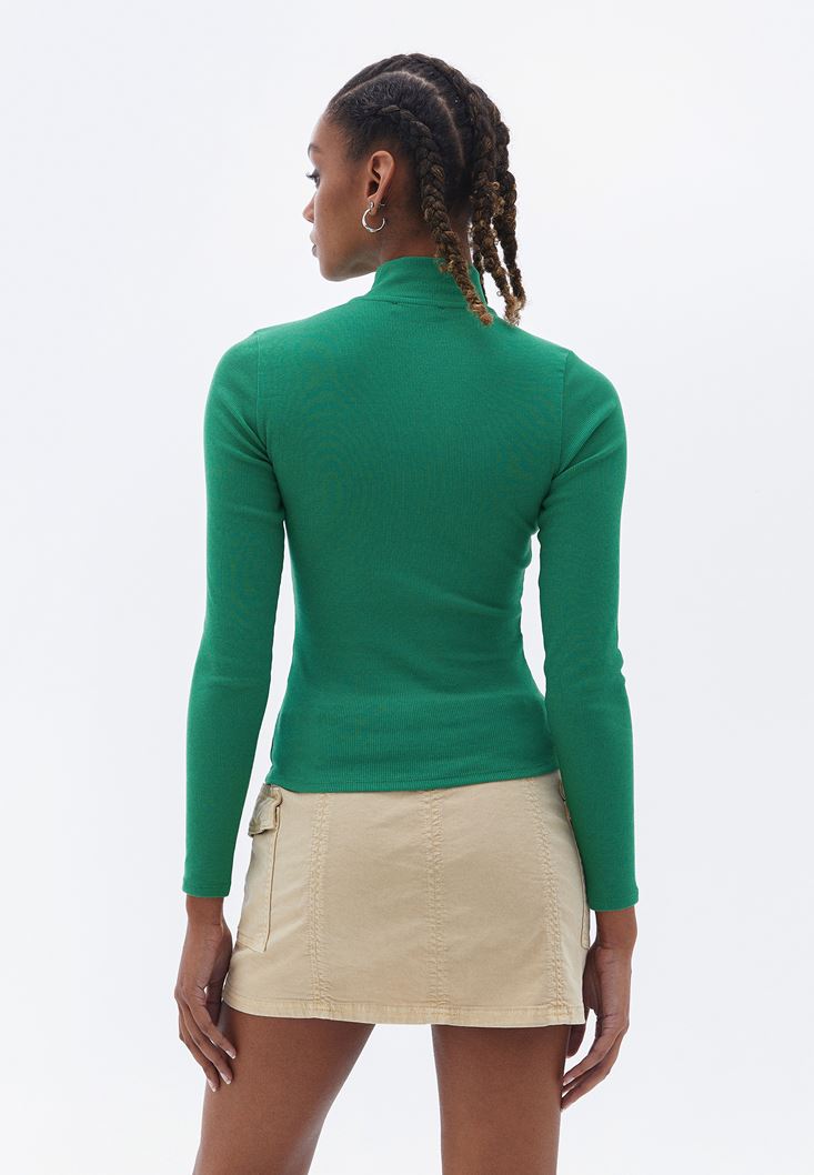 Bayan Yeşil Pamuklu Fermuar Detaylı Tişört