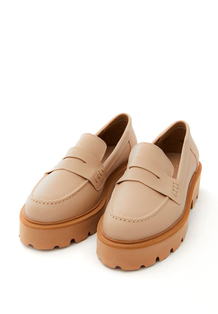 Bayan Bej Vegan Deri Loafer Ayakkabı