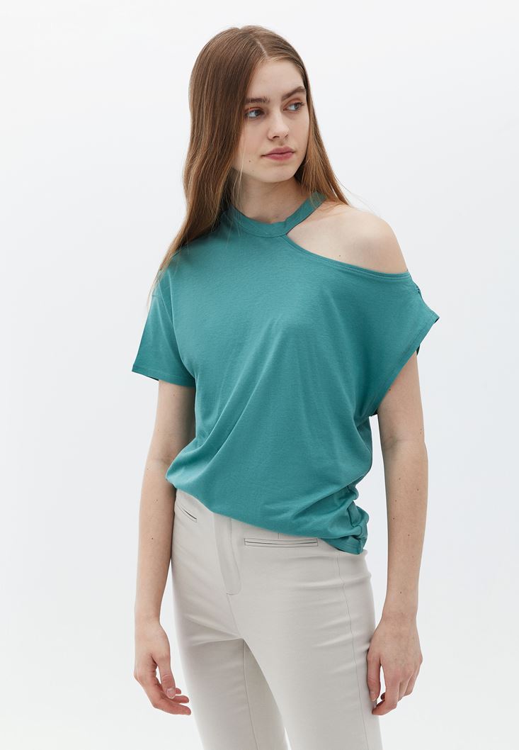 Bayan Yeşil Cut-Out Detaylı Tişört ( MODAL )