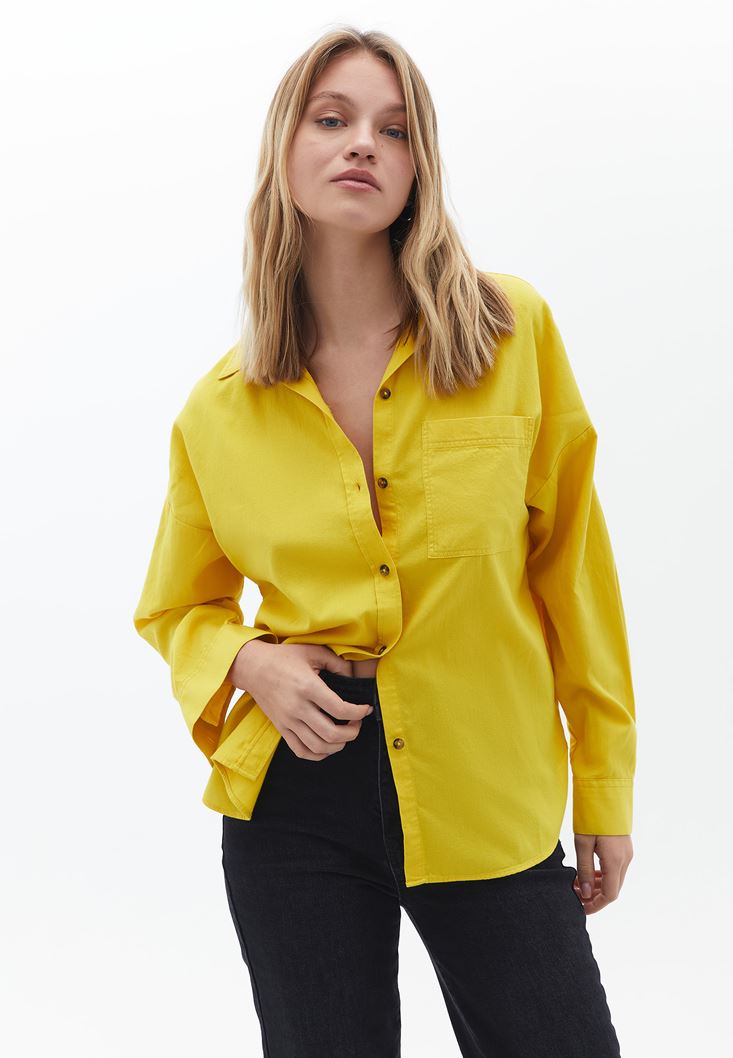 Bayan Sarı Cep Detaylı Oversize Gömlek