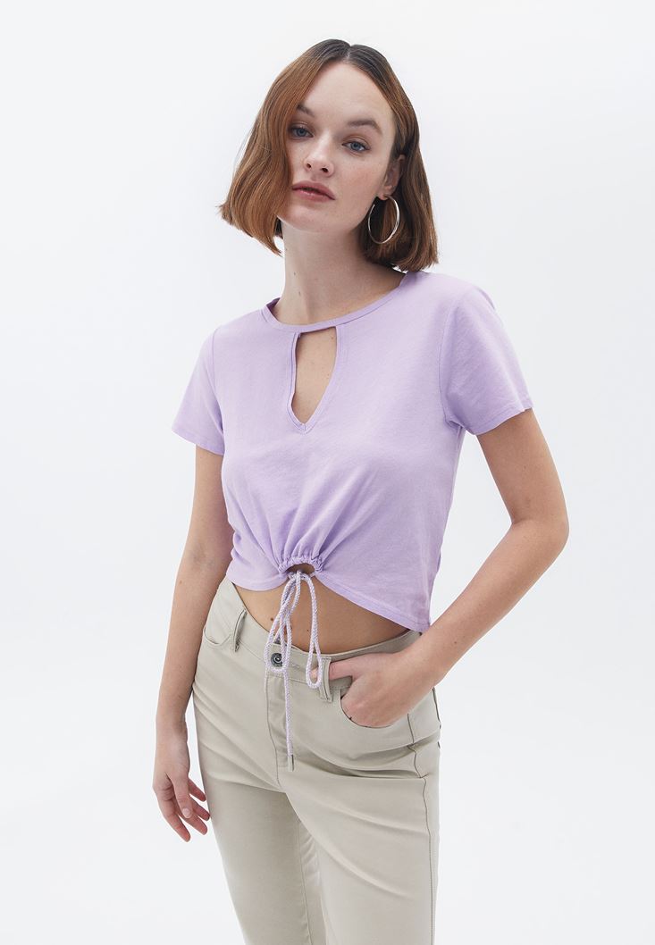 Bayan Lila Cut-Out Detaylı Crop Tişört