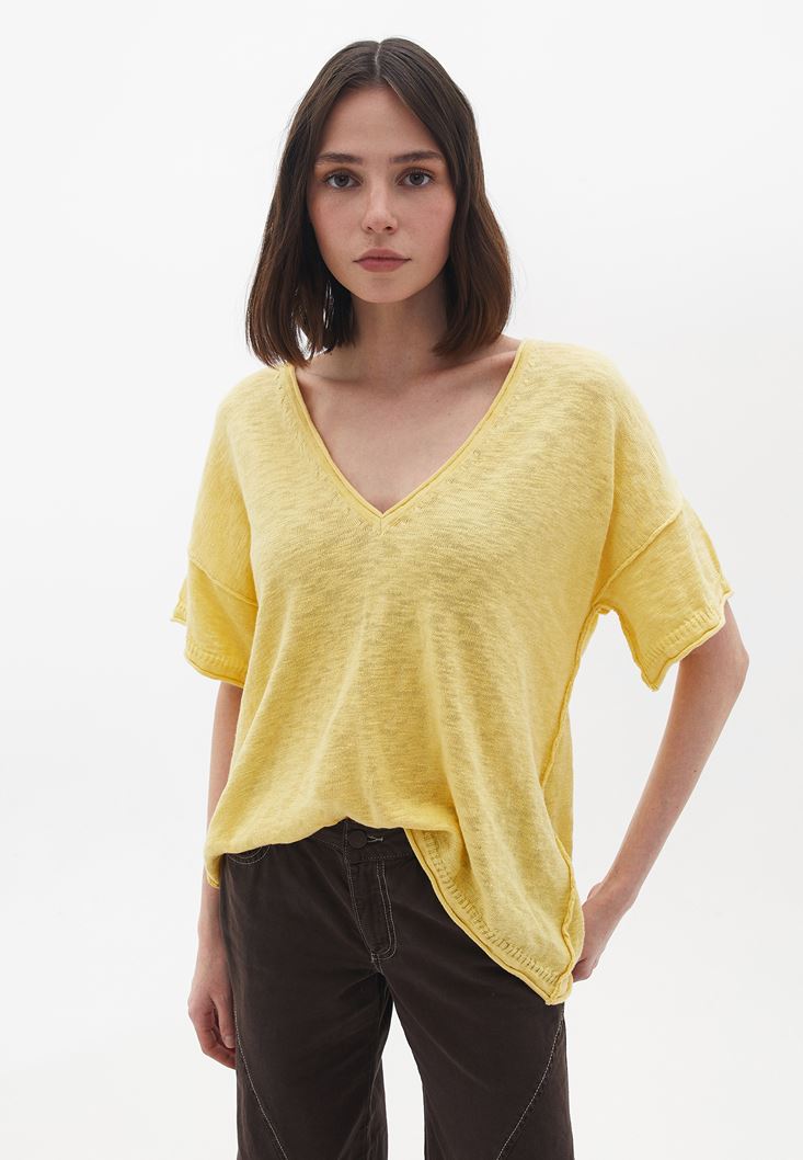 Bayan Sarı Pamuklu V Yaka Triko Tişört