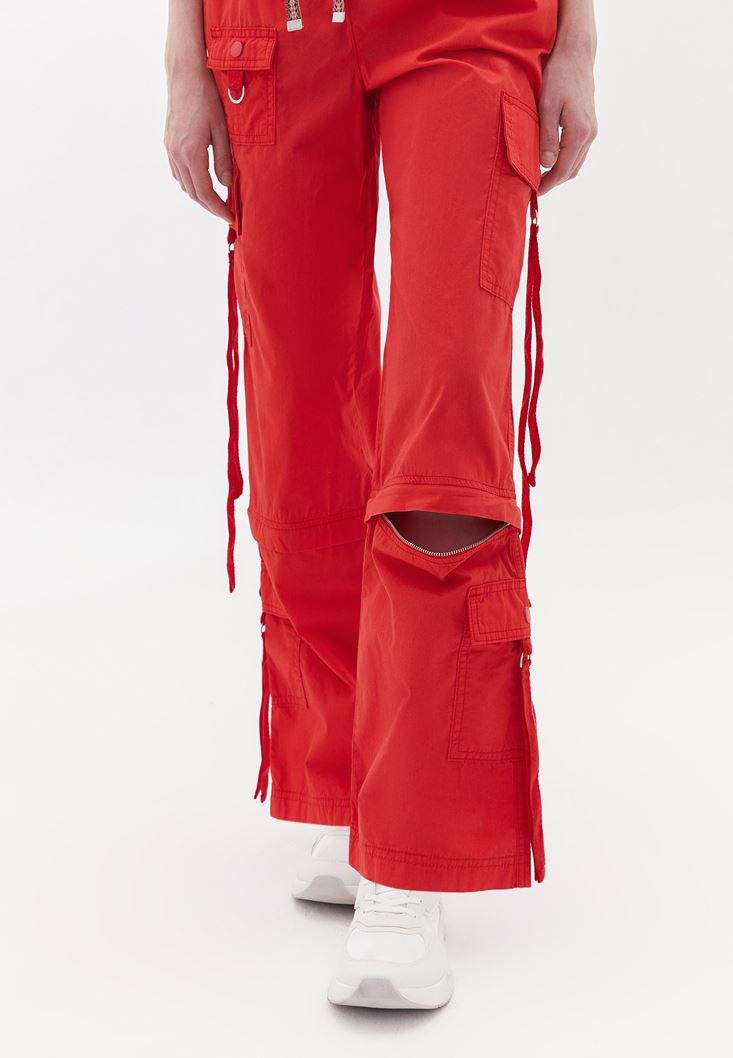 Bayan Kırmızı İşlevli Fermuarlı Straight-Fit Kargo Pantolon