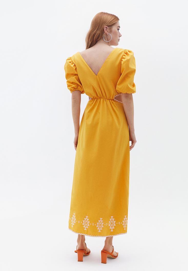Bayan Sarı Cut-Out Detaylı Uzun Elbise